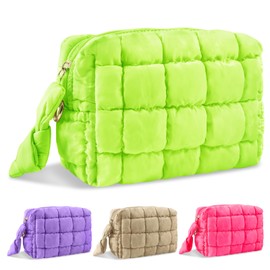 Puffer Quilted Makeup Bag Cosmetic Bags,Puffy Travel Toiletry Pouch for Women,Cute Checkered Zipper Bag Travel Essential,Portable Aesthetic Make up Organizer Bag for Gifts Work Daily(LightGreen,S)