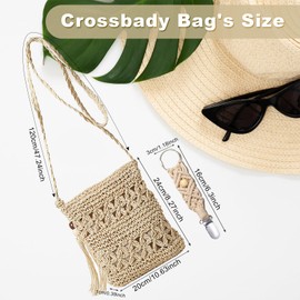 ZOCONE Straw Bag for Women 20x24cm Summer Beach Crochet Bags for Women with Hat Clip, Straw Crossbody Bag with Zipper Handmade Straw Beach Bag with Tassel, Woven Holiday Summer Bags for Travel (Beige)