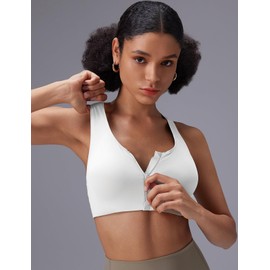baleaf Sweatleaf Zipper Front Closure Sports Bras for Women, Racerback Longline High Support Yoga Workout Running Athletic Padded Tops, White L