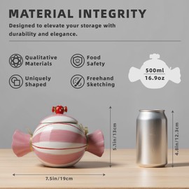 DIF DECO Cute Storage Jars with Lid, Unique Candy Shape Ceramic Food Container, Cookie Canister for Snacks, Coffee Bean, Sugar, Tea, Spices, Beans, Cereal, Nuts - 500 ml / 16.9 oz (Pink Stripes)