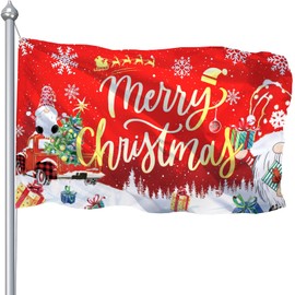 Christmas Flag 3x5 Ft for Outdoors, Double Printed Merry Christmas Flags for Outside, Christmas Tree Gnomes Red Truck Winter Xmas Flags Banner with Brass Grommets for Garden Yard Wall Decoration