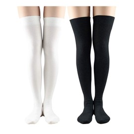 Women Non Slip Thigh High Socks Fashion Tube Stockings above Knee Cosplay Socks 2 Pack White&Black One Size