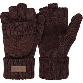 Thermal Insulation Fingerless Texting Wool Gloves for Women and Men Winter Warm Knitted Convertible Mittens Flap - Color: Coffee
