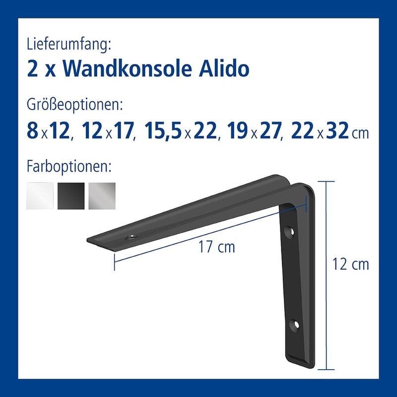 Shelf brackets Alido, 5 Sizes, 3 Colours, 2 Pieces, black,