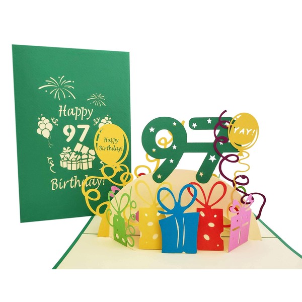 iGifts And Cards Happy 97th Birthday with Presents 3D Pop Up Greeting Card – Ninety-seven, Awesome, Balloons, Unique, Celebration, Cool, Feliz Cumpleaños, Fun, Party, Congrats