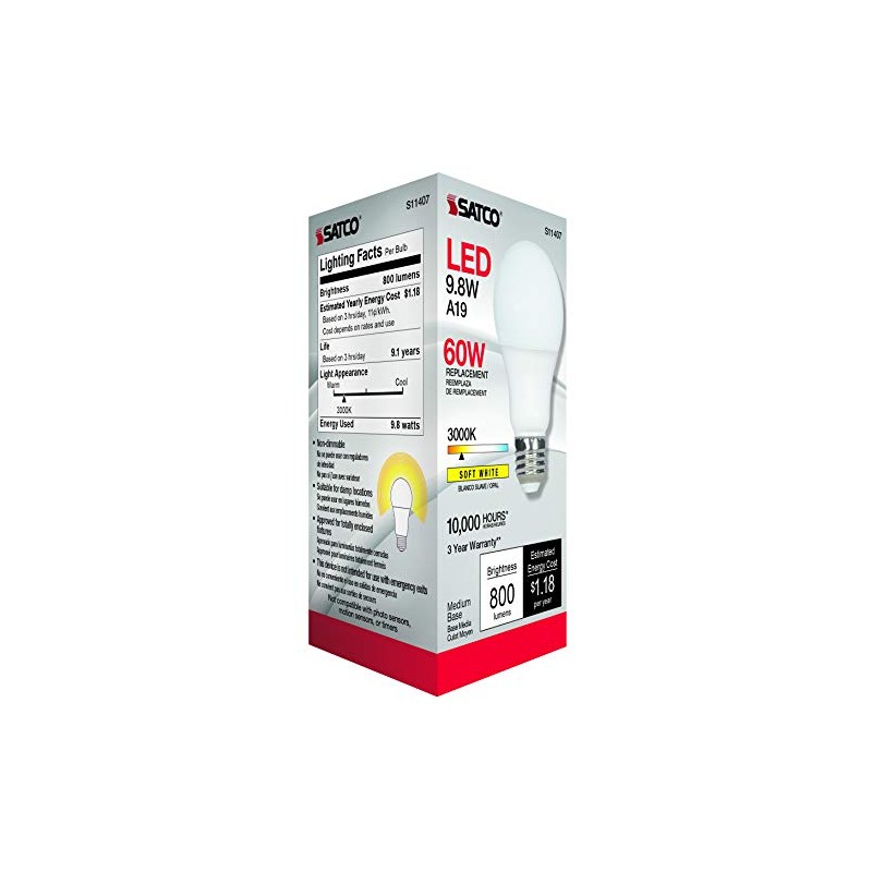 Satco 11407 Econo LED A19 Light Bulb, 60W Replacement, 3000K