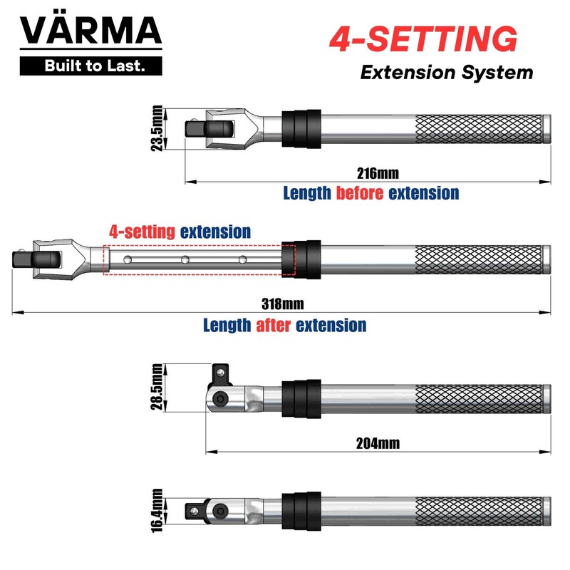 VÄRMA ProTorque 3/8” Drive Extendable Telescoping Breaker Bar with 180°