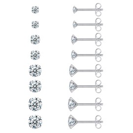 Earrings for Women, 8 Pairs Stud Earrings Set for Men, COMOSO 18K White Gold Plated S925 Sterling Silver Cubic Zirconia Earrings Studs 3-6mm, Birthday Christmas Gift