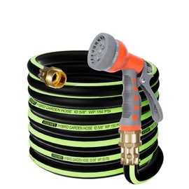 SYEENIFY Kink Free Garden Hose 50ft 5/8", Heavy Duty Hybrid Water Hose, Ultra Durable Flexible Rubber Hose with Sprayer Nozzle,Leakproof Yard Outdoor Hose with Brass Solid Connector