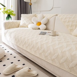 XSlive Farmhouse Couch Cover Solid Color Neutral Sofa Cover Soft Cotton Quilted Sectional Couch Covers Non Slip Washable Sofa Slipcover Furniture Protector for Living Room (Ivory C,36"x36")