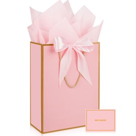 Gfractolux Large Gift Bags, 1 Pack Gift Bags with Tissue Paper and Cards, Gift Bags with Handles for Birthdays, Baby Shower, Weddings, Party Favor, Holiday Presents 9.8"X 12.6" X 4.3" Pink-Gold