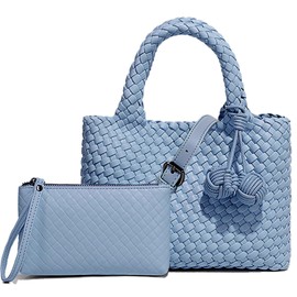 OUYGZOU Woven Tote Bag for Women with Coin Purse, Foldable Chain Small Crossbody Handbags, Fashion Shoulder Bag, Hobo Satchel, Baby Blue