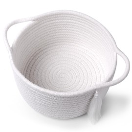 Empty Gift Basket – SweetMemo Mini Woven Rope Organizer Baskets for Gifting, Baby Shower, Desk, Makeup Brushes, Bathroom, Shelves – Small Decorative Storage Bin with Gift Bag & Ribbon – White