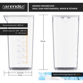 Arendo - Plastic Measuring Cup 600ml - 20oz - Clear Cup Transparent - Ideal for Electric Hand Blenders and Hand Blenders - Drinking Cup