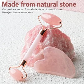 Rodillo de jade y juego de herramientas faciales Gua Sha hecho de cuarzo rosa, la herramienta de masaje Huefull es para drenaje linfático, alivio de tensión muscular y reducción de arrugas