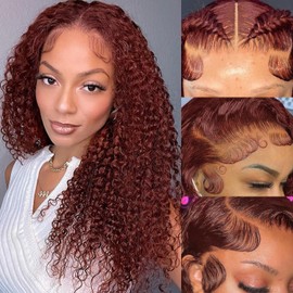 JKD Reddish Brown Lace Front Wigs Human Hair 13x4 Reddish Brown Curly Lace Front Wig Human Hair 180% Density for Women Auburn Deep Wave Wigs Copper Red Glueless Curly Wig Pre Plucked 22 Inch