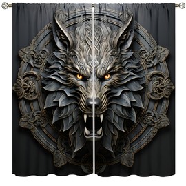 ESPROUTTY Viking Wolf Curtain, Norse Runes Room Darkening Thermal Insulated Polyester Fabric, Fenrir Blackout Window Treatment Drapes for Living, Dining, Bedroom 21" W x 45" L x2【Blackout】
