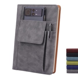 Refillable Lined Leather Journal Notebook, A5 Size Hardcover Journal Notebook for Women Men,100gsm 200 Pages Thick Paper Notebooks with Front Pockets and Pen Pocket, Daily Premium Journal for Writing