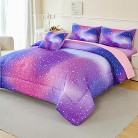 URBONUR 6Pcs Twin Comforter Set for Girls Colorful Pink Purple Blue Gradient Galaxy Printed Bedding Set Kids Teen Bed in A Bag