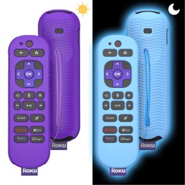 [2 Pcs] Silicone Remote Case Cover for Roku Voice Remote Pro (2nd Ed.), Anti Slip Shockproof Remote Protective Sleeve for RCB1R(2024), Remote Protective Cover Case with Lanyard (Purple+Glow Blue)