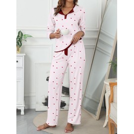 Famulily Lounge Sets for Women 2 Piece Printed Sleepwear Henley Neck Pjs Long Sleeve Pajamas Suit White M