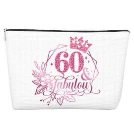 JJOINUS 60th Birthday Makeup Bag for Women, Anniversary 60 Year Old Gift Ideas for Her, Sister, Mom, Colleague, Coworker, Aunt, Zipper Cosmetic Travel Pouch for Christmas Birthday, Pink