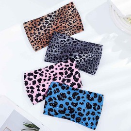 Aceorna Leopard Rhinestones Headbands Wide Knotted Hairbands Elastic Turban Printing Head Bands Stretch Printed Hair Accessories for Women 4 PCS