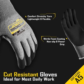 COOLJOB ANSI A5 Cut Resistant Gloves - 3/12 Pairs, Nitrile Rubber Dipped Safety Work Gloves for Men, Knife Proof with Grip Coating for Construction Warehouse Glass Wood Work, Grey Small