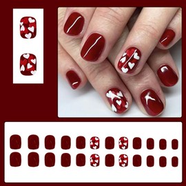 24 Pcs Red Press on Nails Short Square Fake Nails Press ons Nail Tips - YIHONGYAN Spring Acrylic Nail Art Kit Artificial Nail Full Cover Matte Heart False Nails Kits Suitable for Women