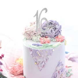 Decoración para tartas de 16 cumpleaños con purpurina y diamantes de imitación para decoración de cumpleaños o aniversario, suministros para fiestas de felicitación a 16 años