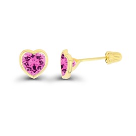 Solid 14K Yellow Gold 4mm Heart Shaped Created Pink Sapphire Birthstone Bezel Screw Back Stud Earrings