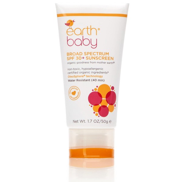 Earth Baby Broad Spectrum SPF 30+ Sunscreen, Reef Safe, Water-Resistant, UVA/UVB Protection, Hypoallergenic for Sensitive Skin, Natural and Organic, For Babies Toddlers and Kids, , 1.7 Fl Oz