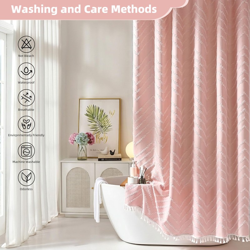 Siiluminisoy Extra Long Pink Boho Shower Curtain with White Tassel,