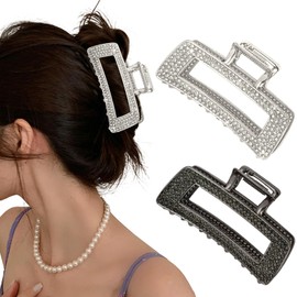 CURASA Rhinestone Hair Claw Clips For Women 2PCS Rectangle Crystal Jaw Clip Strong Hold Elegant Bling Hairclip Sliver & Black Metal Clawclips For Styling Wedding Party Accessories For Thin Thick Hair