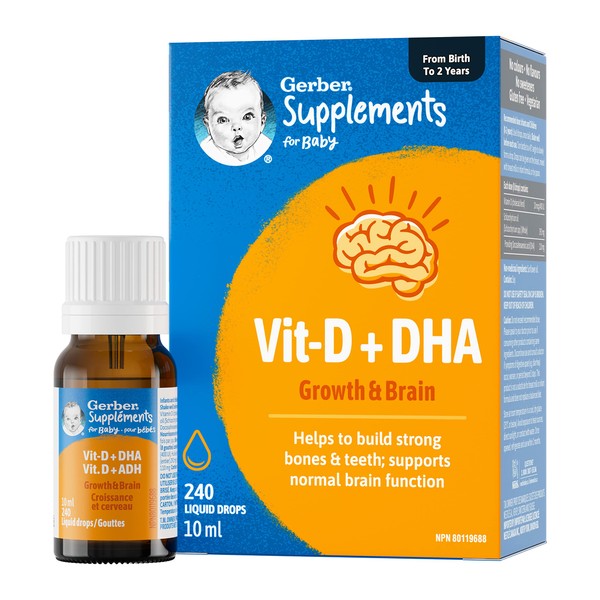 Gerber Supplements for Baby Vitamin D and DHA, Drops, 0-2 Years, Supports Strong Bones, Teeth & Normal Brain Function, No Colours, No Flavours, No Sweeteners, Gluten-Free, Vegetarian