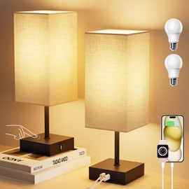 Sailstar Touch Bedside Lamp for Bedroom Set of 2, 3 Way Dimmable Table Lamp with USB C+A Charging Ports, Small Nightand Lamps for Bedroom Decor, Living Room, Home, LED Bulbs Included, Upgraded Beige