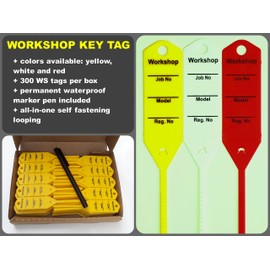 Car Service Key Tags (Yellow) - Self Locking Auto Key Tags for Mechanic Workshops | Made of Waterproof Plastic | Box of 300 Tags | NO Folding, NO Key Rings - Pen Included (Yellow, Workshop Tag)
