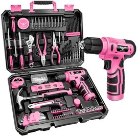 JENABOM 127-Piece Home Tool Set with 8V Pink Cordless Drill | With Portable Toolbox, Hand Tools for Home Repair, DIY Projects & Daily Use, Gift for Women & Men