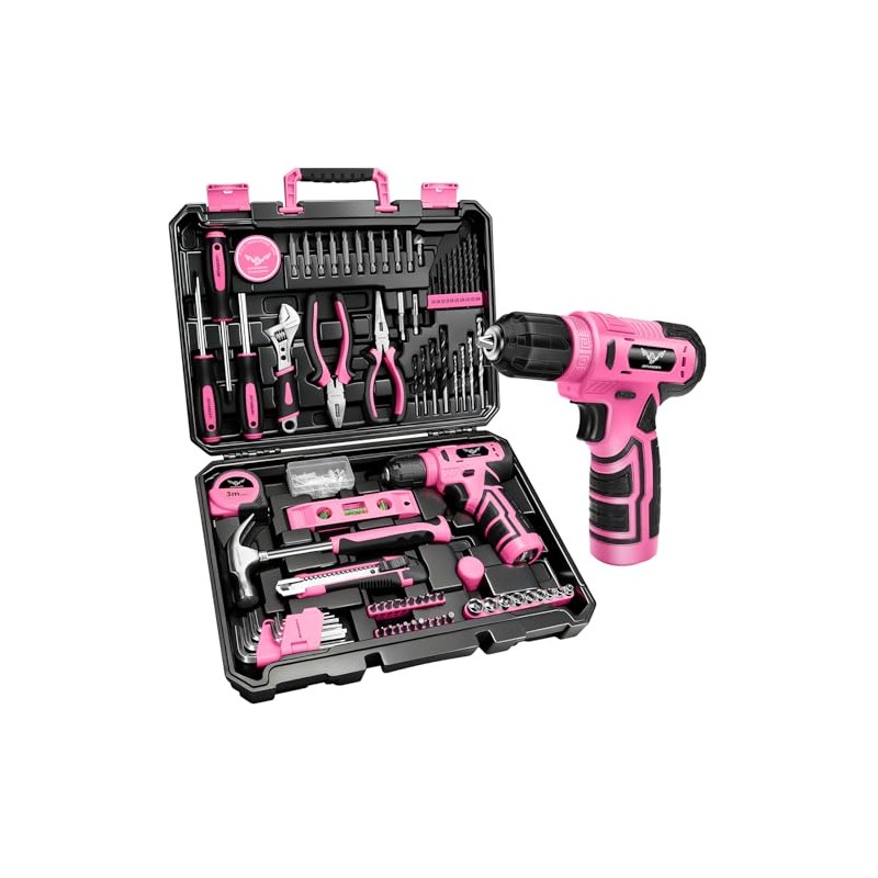 JENABOM 127-Piece Home Tool Set with 8V Pink Cordless Drill