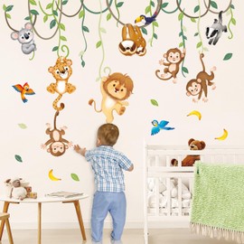 DECOWALL Jungle Animals Vine Wall Stickers Lion Monkey Koala Cute Boys Girls Kids Nursery Decor Baby Nursery Room Playroom Classroom Bedroom Removable Living Room Art Mural Forest Gift Present Nordic