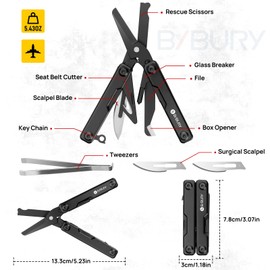 BIBURY Mini Multitool BI2052AB, EDC Multitool Scissors w/Window Breaker, Seat Belt Cutter, Bottle Opener for Outdoor Survival, TSA Approved Keychain Multi-tool Cool Gadget, Gifts for Men and Women