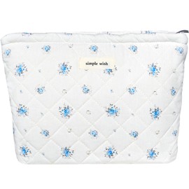 Sminra Floral Makeup Bag Cotton Quilted Small Cosmetic Bag Organizer, Cute Garden Aesthetic Coquette Portable Zipper Pouch Toiletry Purse Bag for Women Girls Travel accessories(Blue Flowers-L)