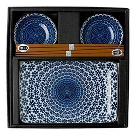 Miya Japan Blue and White Snow Sushi Set for 2 with Plates Sauce Dishes and Chopsticks