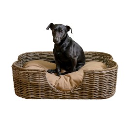 THE LICKER STORE DBD1002A Scallop 27" x 18.25" Tropical Handwoven Rattan Dog Bed with Machine Washable Cushion, Kubu Gray
