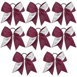 8PCS Cheer Bows Bulk Glitter Cheerleading Bows Girls Hair Bows Maroon Silver Cheer Bows Elastic Band Ponytail Holder for Cheerleaders Teen Girls College Sports Competition