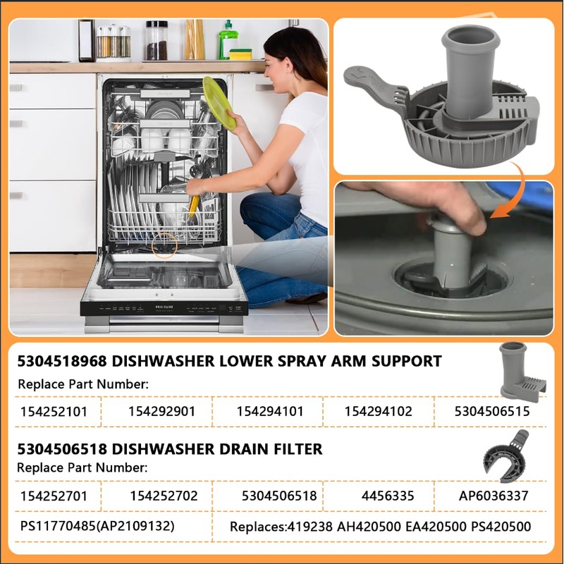 5304518968 Dishwasher Lower Spray Arm Support and 5304506518 Dishwasher Sewer