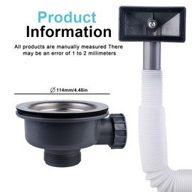Kitchen Sink Drain Set, 114 mm Stainless Steel Kitchen Sink Strainer Basket, Drain Fitting Sink with Overflow and Flexible Overflow Pipe, Square Interface, for Kitchen Sink Strainer Basket Valve