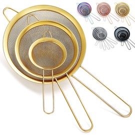 Kyraton Gold Fine Mesh Strainer 3 Pieces Set, Golden Flour Sifter for Baking, Stainless Steel Clander, Matcha Tea Strainer, Gravy Separator, Stasher Sieve Pasta Strainers