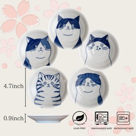 LOVE LOVE JAPAN Dessert Sushi Soy Sauce Salad Ceramic Plates Cats Design Set of 5 Made in Japan 5 Cats 4.7in