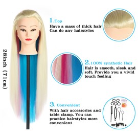 Auzass Hairdressing Head, Soft 26-28Inch Styling Head 100% Synthetic Fiber Hair Mannequin Head, Hairdressers Training Dolls Head for Girls Kids with Table Clamp+Braid Set